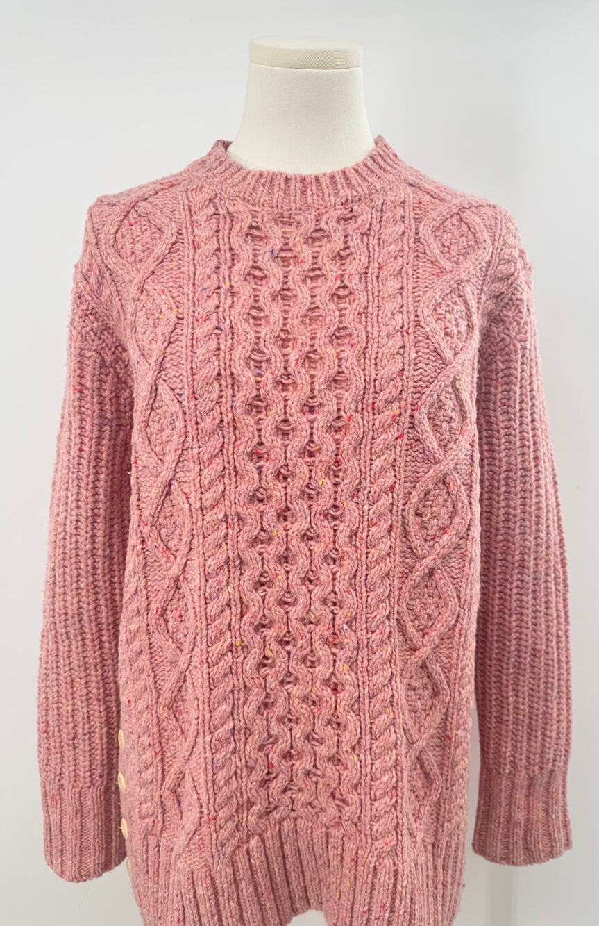 Alex Mill Aran Side Button Pink Wool Cableknit Sweater Oversized Chunky Knit S